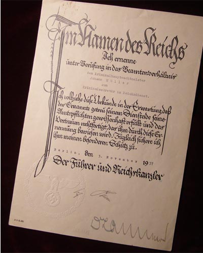 Adolf Hitler & Lammers Signed citation 1937 | Hitler's Personal Security Member.