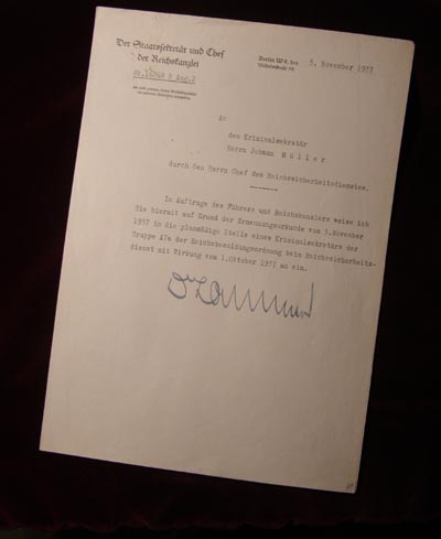 Adolf Hitler & Lammers Signed citation 1937 | Hitler's Personal Security Member.