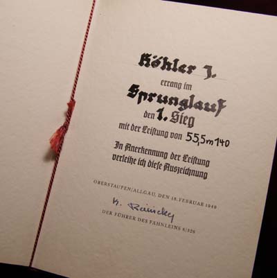 Hitler Youth Sports Citation In Folder