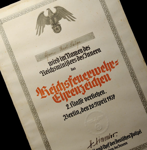 Reichsfuhrer-SS Impressive Citation | Large Format | 1937 | Discounted