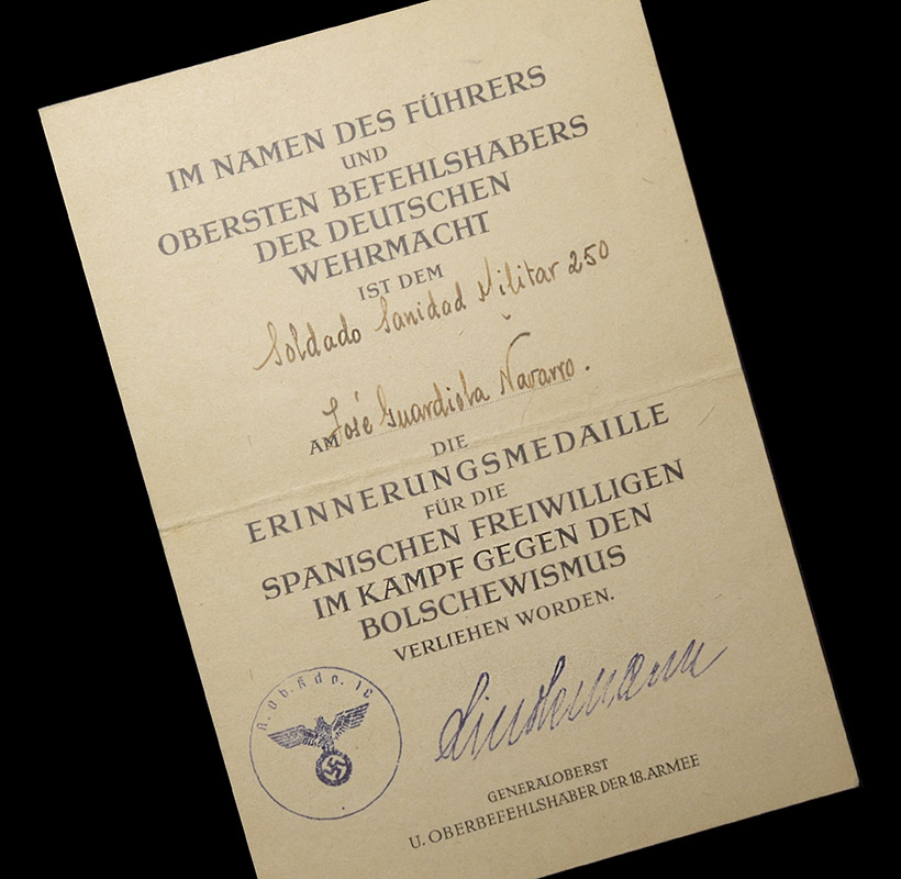 Spanish Blue Division Medal Citation 